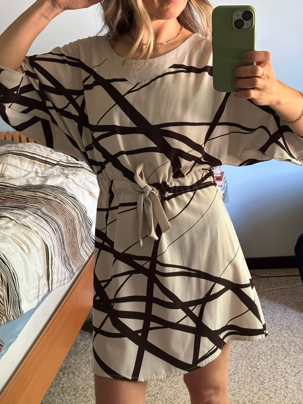 Abstract Black & super light gray Tie-Waist Tunic Dress (fun cut) - Size 36 EUR